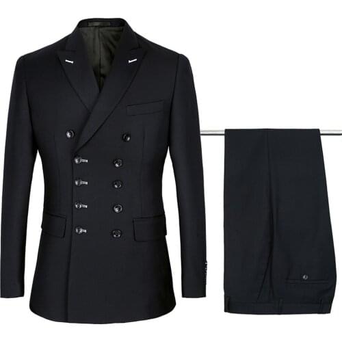 Men Suits Double Breasted Slim New Fashion Suit Peak Lapel Wedding Groom Business Party Prom Costume Navy Blue Black Dark Gray