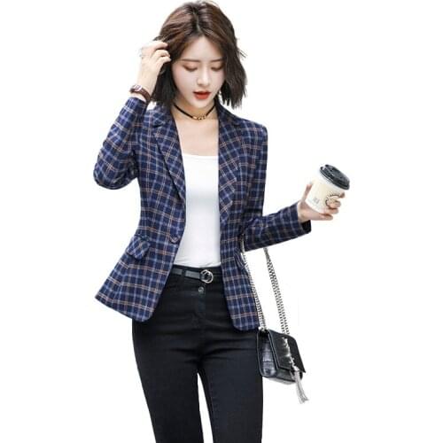 Soft and Comfortable High-quality Plaid Jacket Pocket Office Lady Casual Style Blazer Women Wear Single Button Coat ok579