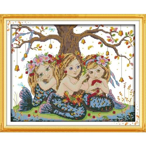 Three mermaid cross stitch kit cartoon people aida 14ct 11ct count print canvas stitches embroidery DIY handmade needlework