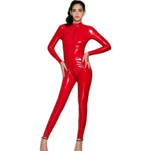 Sex Appeal Long Sleeve Bodysuit Sexy Lingerie Zipper Open Crotch PVC Catsuit Glitter Bodystocking Babydoll One Piece Club Wear
