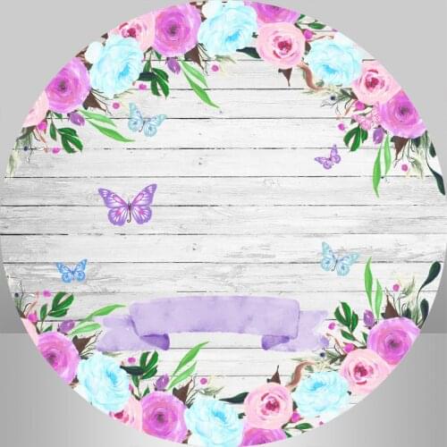Grey Wooden Round Backgrond Custom Baby Girls 1st Birthday Party Decor Candy table Banner Butterfly Circle Backdrop Elastic