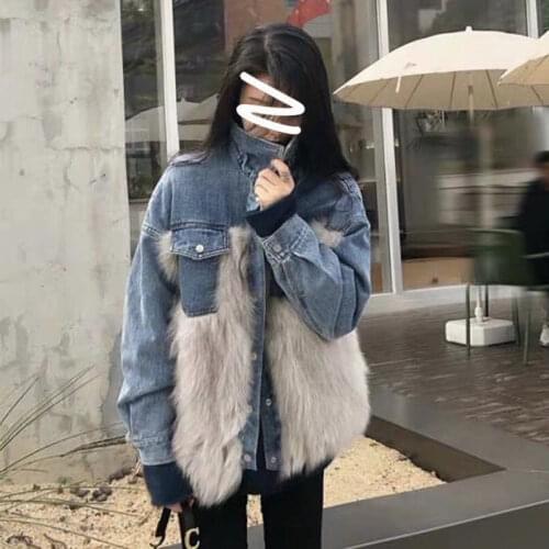 Jacket Women Faux Fur Coat Faux Fur Coat Womens Winter Loose Casual Denim Patchwork Top Veste Femme