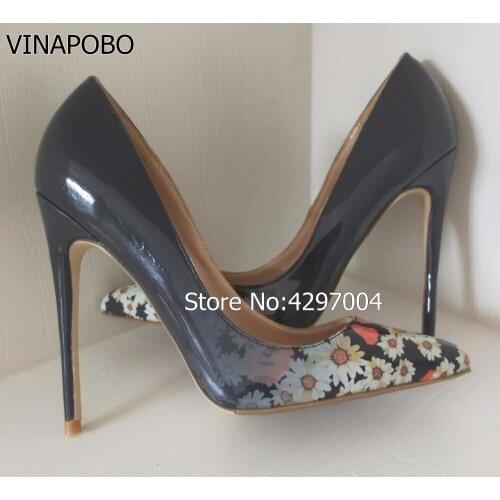 Women fashion Pointed Toe White Flowers Printed Pattern Leather Thin Heel Pumps Brand 12cm High Heels Formal Dress party Shoes