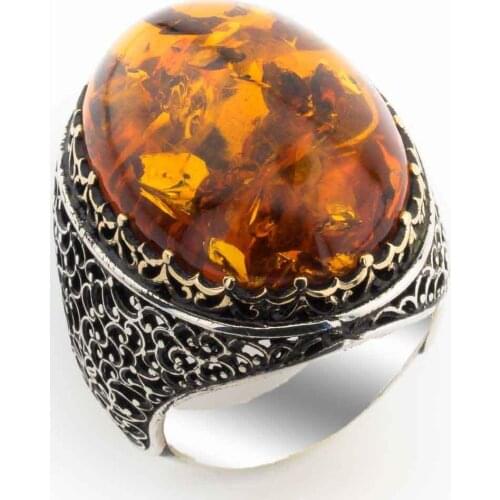 Gorgeous Design Big Amber Stone Silver Ring