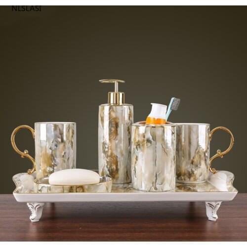 High-grade Imitation marble Bathroom Accessory Set Ceramic Five-piece Set Wash tools Soap dispenser gargle cup Toothbrush Holder