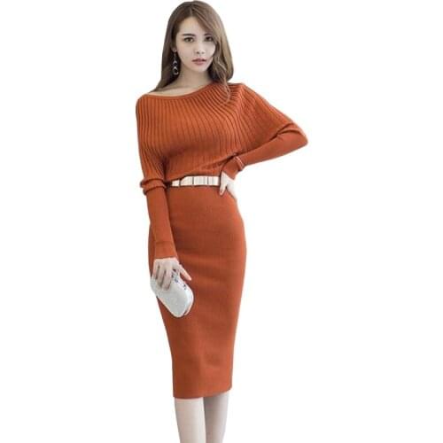 Wsfs Autumn Black Orange Knitted Dress Women Slash Neck Off Shoulder Sexy Party Bandage Bodycon Pencil Dresses Vestidos De Festa