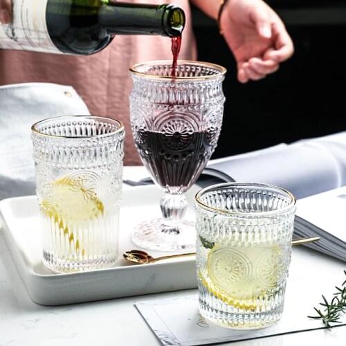 Japanese Style Vintage Sunflower Glass with Glod Rim for Water Fruit Juice Drink Cup Red Wine Glass Cup