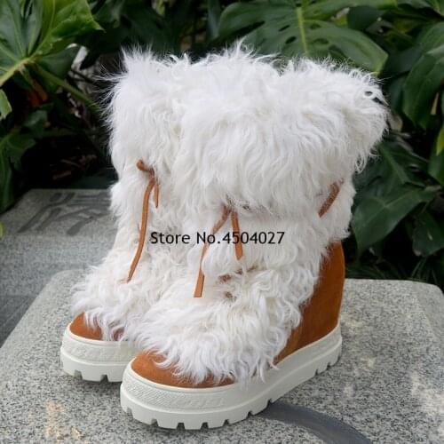 New Women Winter Fur Snow Round Toe Lace Up Ankle Boots Platform Height Increased Female Shoes