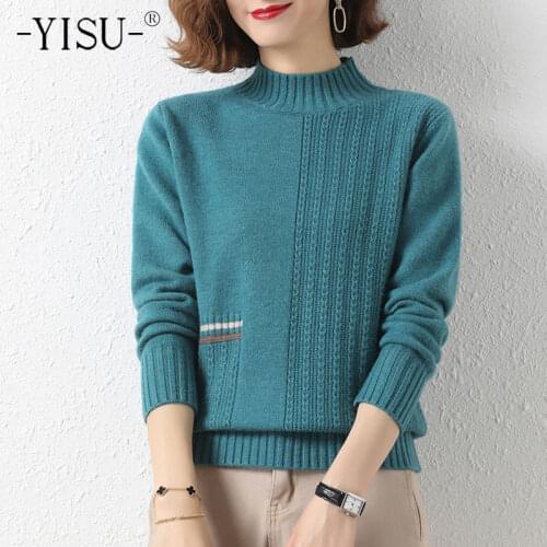 YISU Winter Women Sweater Solid color Stripe Half turtleneck Casual Jumper Fashion Knitted pullover Long sleeve Winter tops