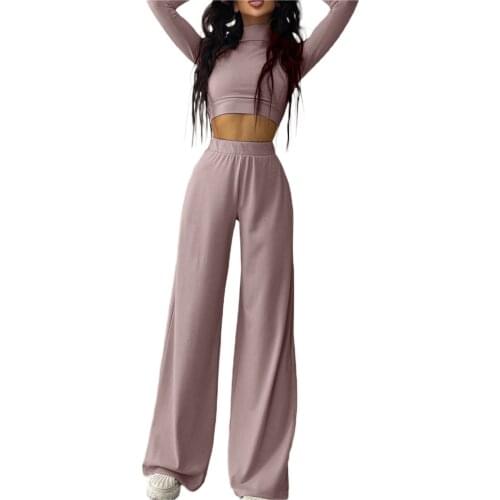 Women Casual Sports 2-piece Outfit Set Long Sleeve Solid Color Top and Pants Set for Ladies