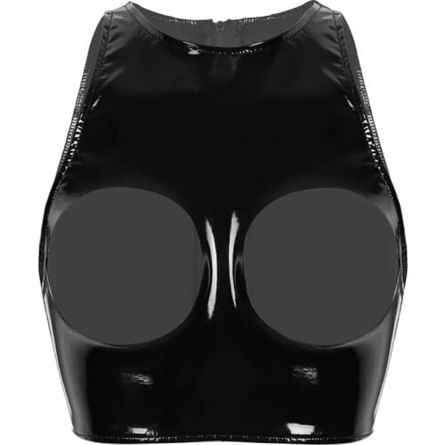 Women Sexy Shiny Shaping Leather Vest Erotic Porn Breast Exposing Glossy Patent Leather Camisole Hot Porn Latex Halter Tops Sexi