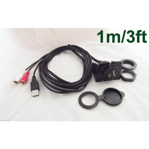 1pcs Car Dashboard Flush Mount Installation 3.5mm USB + 2 RCA Plug AUX Audio Cable 1m/2m