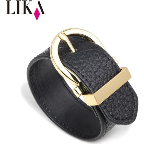 LIKA 2020 Adjustable fashion wide leather womens bracelet with metal buckle leather wristband wrap bracelet