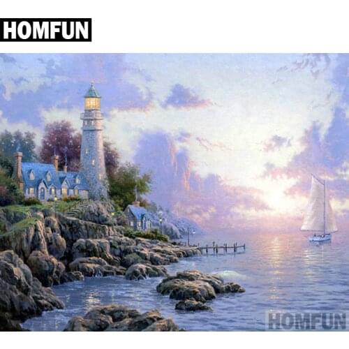 HOMFUN Full Square/Round Drill 5D DIY Diamond Painting "Ocean Lighthouse" Embroidery Cross Stitch 5D Home Decor Gift A06064