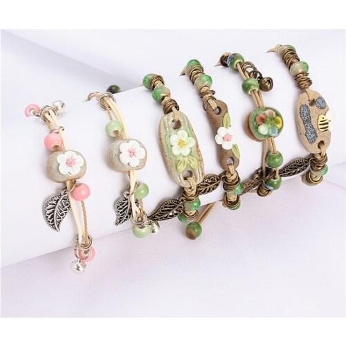 Julie Wang Flower Nature Stone Bracelet Handmade Leather Chain Ceramic Beads Alloy Leaf Charm Adjustable Bangles Jewelry Gift