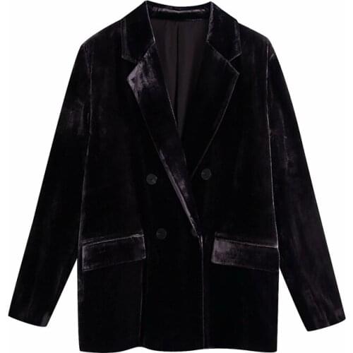 Elegant Women Black Velvet Blazers 2021 Fashion Ladies Notched Collar Jackets Streetwear Female Chic Double Breasted Pocket Coat