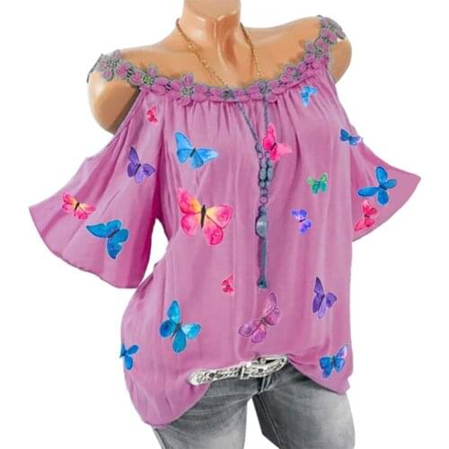 Print T-shirt loose top womens T-shirt Women Sexy Lace Neckline Short Sleeve Cold Shoulder Butterflies womens fashion T-shirt