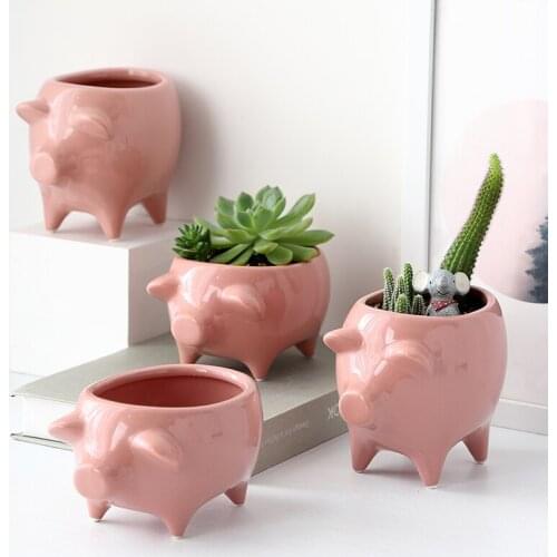 Pink Pigge Ceramic Planter Flower Pot Nordic Dried Flower Arts Decoration Desktop Ornmament Vase With Drainage Holes