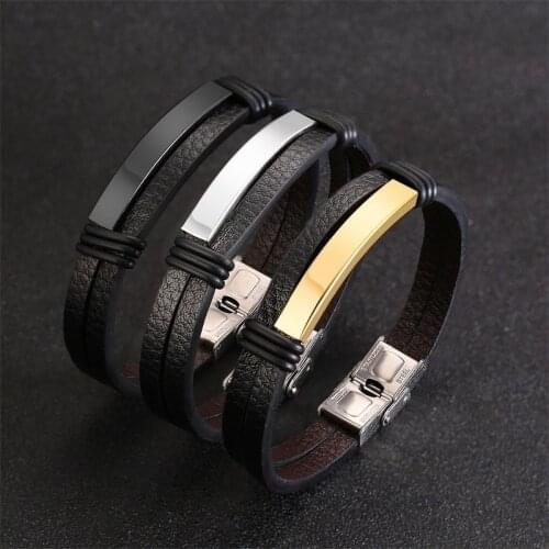 Vnox Mens Black Leather Bracelets Personalized Engraving Customize Info pulsera masculina 8.07"