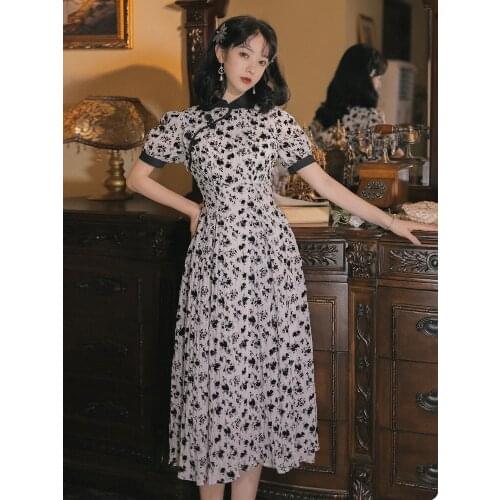 Summer New Style Womens Chinese Style Thin Retro Printing Mid-Length Dress Chinese Style Improved Chiffon Cheongsam Dress