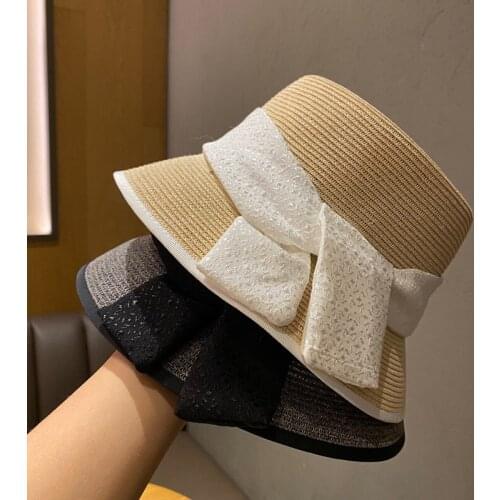 New Style Cape Straw Hat Lady Summer Wide Brim Flat Top Fisherman Bucket Hat Bowknot Korean Version Of Seaside Visors Hip Hop