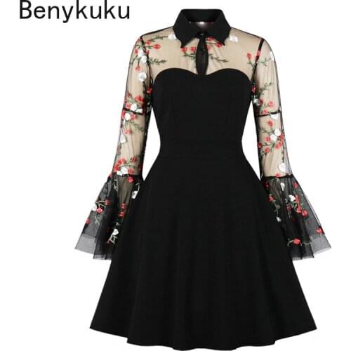 Mesh Embroidery Flare Long Sleeve Retro Dress Black Gothic Style Punk Mini Dress Elegant Turn-Down Collar Vintage Women Dresses