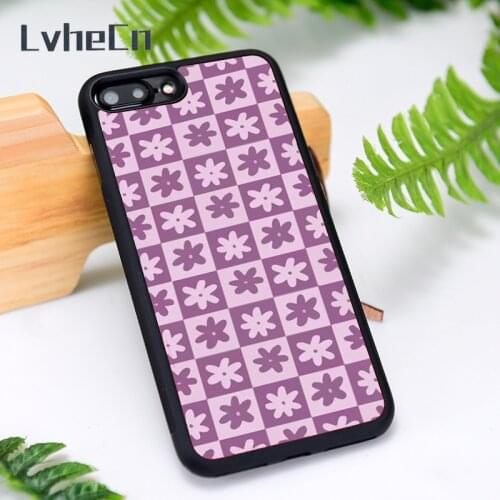 LvheCn Silicone Rubber Phone Case Cover for iPhone 6 6S 7 8 Plus X XS XR 11 12 Mini Pro Max Checkered Flower Purple