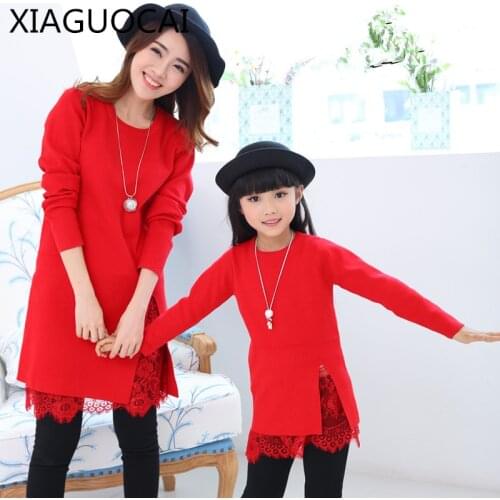 XiaGuoCai Spring Autumn Family Matching Outfits Mother Daughter Girl Dress Solid color Long sleeves Lace fashion clothes l182 35