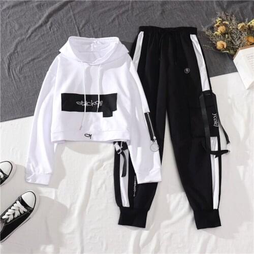 2021 Spring Autumn Female Streetwear Cargo Pants Loose High Waist Joggers Women 2 Piece Long Sleeve Top With Casual Trousers