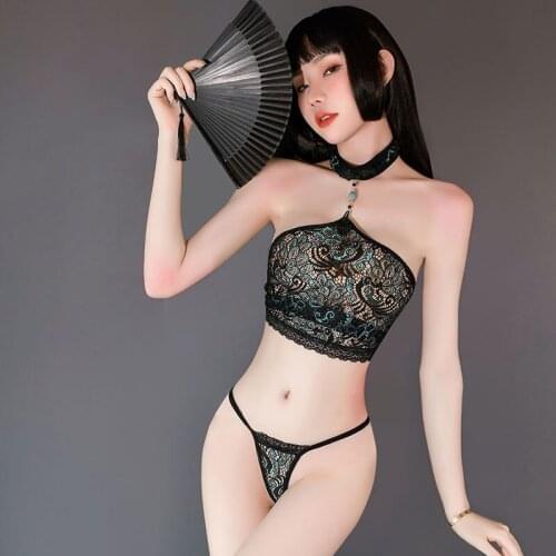 Woman Three Point Underwear Sexy Lingerie Lace Hollow Peacock Bellyband With Sexy T pants Exquisite Neck Ring Uniform For Girl