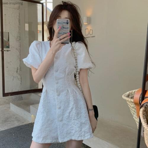 2021 Summer New Three-dimensional Embossed Dress Female V-neck Waist Fresh and Sweet Puff Sleeve Open Back Short Skirt