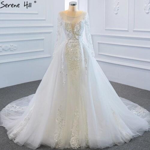 White Detachable Train High-end Wedding Dresses 2020 Beading Long Sleeves O-Neck Bride Gowns HM66624 Custom Made