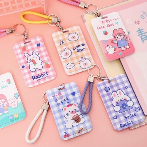 Cartoon Push-pull Type Bus Pass Card Holder with Hand Strap Lanyard for Students Company Employees Staff Work ID Card Cover Case