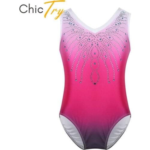 ChicTry Kids Teens One-piece Gymnastics Leotard Girls Sleeveless Shiny Rhinestone Ballet Leotards Bodysuit Stage Dance Costume