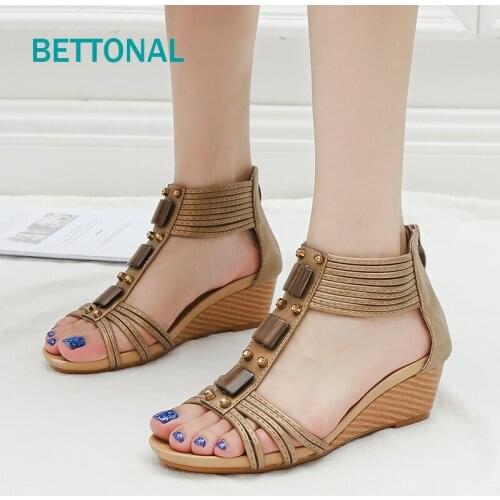 BETTONAL 2021 Metal Sandals Women Shoes Wedge Heel Elegant Party Casual Roman Bohemia Sandalias Chaussure Femme Summer Sandles