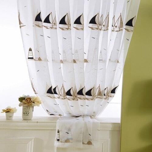Blue Children Sailing Embroidery Tulle Curtain Window Screen Finished Products Customized Boys Bedroom Embroidery Yarn