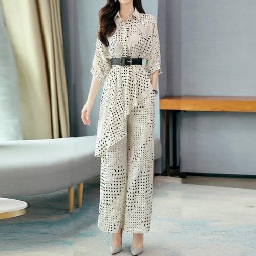 Summer Two Piece Set Women Asymmetry Belt Shirt&High Waist Elastic Waist Wide Leg Pants Women Suit 2 Piece Set