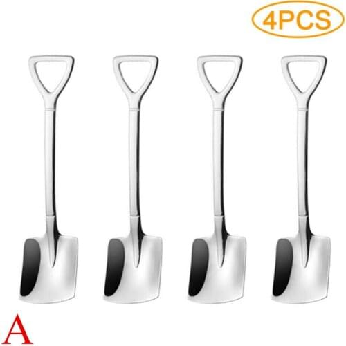 4pcs Stainless Steel Spoons Dessert Shovel Portable Kitchen Cutlery Tools Retro Engineering Shovel Cute Square Kitchen Gadgets
