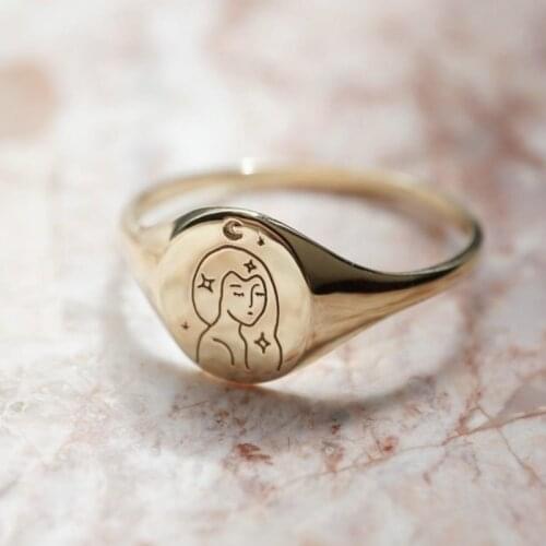 JK Fashion Moon Signet Ring Exquisite Hand-carved Girl Star and Moon Ring Jewelry US Size 5-11