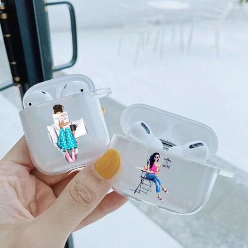 Fashion Women Coffee Girl Transparent TPU silicone Bluetooth Airpod Case For Airpods 1 Airpods 2 Airpods pro soft cover