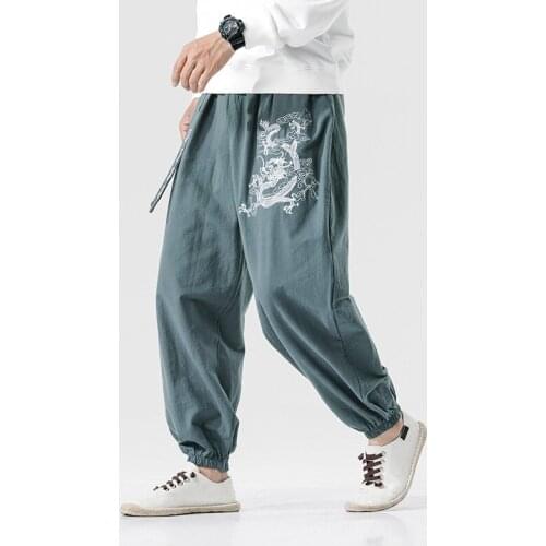Zen Tea Men Chinese Style Embroidery Dragon Kung Fu Harem Pants Japanese Fashion Sports Casual Trousers Dance Streetwear 30605