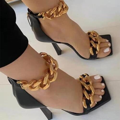 European and American summer new metal chain sexy sandals womens plus size one word with high stiletto heel fashion sandals