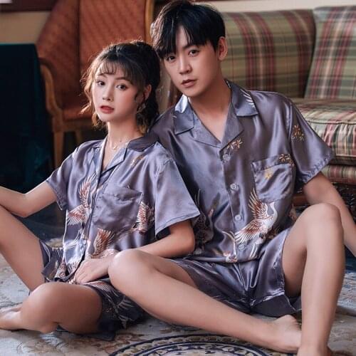 Crane Print Sleepwear Couple Pajamas Pijamas Women Satin Pyjama Woman Home Wear Silk Pyjama Set Home Suit Big Size 3XL