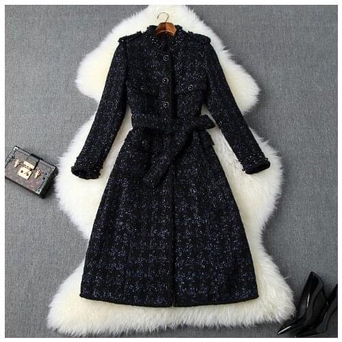 Autumn and winter womens new tweed beaded single-breasted tie with waist small fragrance coat coatT3716