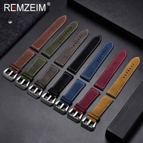 REMZEIM New Black Brown Blue Red Retro Matte Leather Watch Band 18 20 22 24mm Leather Strap Stainless Steel Buckle Watchbands