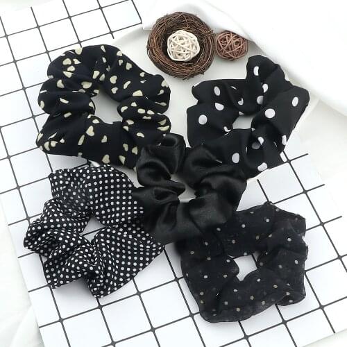 1~3Pcs/Set Cool Girl Black Style Lively Hair Band Lattice Love Dots Tulle Large Intestine Scrunchies Elastic Hair Ring For Women