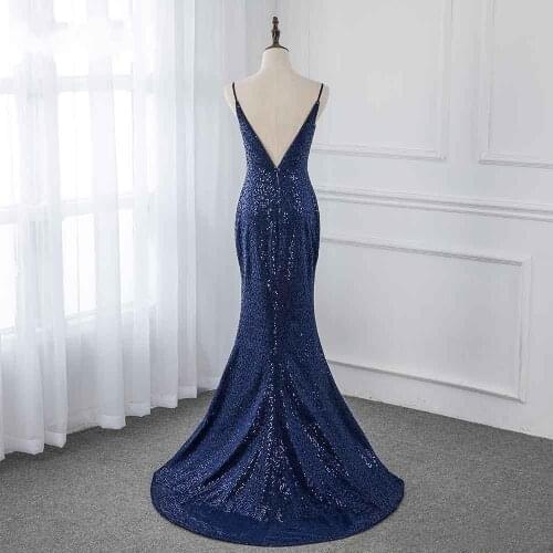 Sexy Navy Bridesmaid Dresses Deep V neck With Straps Backless Sparkly Sequin Mermaid Cheap Wedding Guest Party Prom Formal Dress