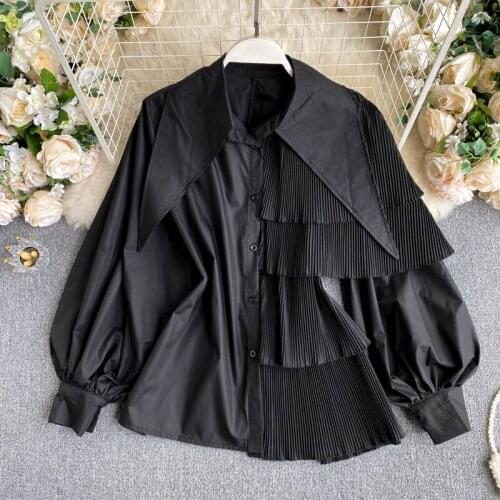 Women Korean Candy Colors Shirt Fried Street Autumn Shirts Irregular Puff Sleeve Pleated Ruffle Top Women Female Blusa