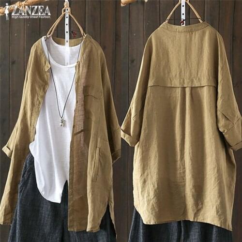 Womens Shirts 2021 ZANZEA Vintage Cotton Tunic Casual Long Sleeve Shirt Button Cardigans Female Soid Patchwork Tops