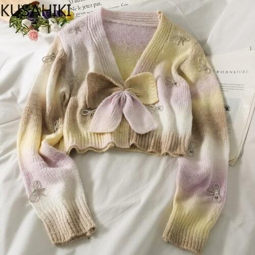 KUSAHIKI Sweet Gradient Contrast Color Cropped Cardigan Korean Bowknot Long Sleeve V-neck Sweater Coat 2021 Autumn New 6L291